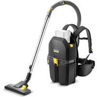 Black Karcher backpack vacuum with ergonomic straps, silver hose, and yellow accents, designed for professional use.