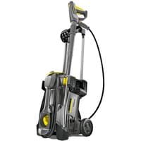 Karcher HD 4/9 P pressure washer, gray and yellow, upright design with wheels and a long hose.