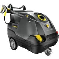 Karcher HDS 6/12 C hot water pressure washer, black and yellow, with wheels and ergonomic handle.