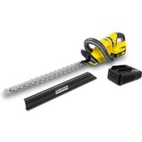 Yellow Karcher cordless hedge trimmer with 50cm blade, black handle, 18V battery, charger, and blade cover.