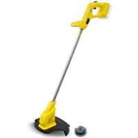 Yellow Karcher cordless grass trimmer with ergonomic handle, silver shaft, and black cutting head.