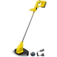 Yellow Karcher cordless grass trimmer with black guard, silver shaft, battery, and charger.