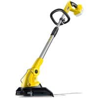 Yellow Karcher cordless grass trimmer with adjustable handle and black trimming head, 18V battery slot visible.