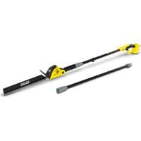 Yellow Karcher cordless pole hedge trimmer with black blade, ergonomic handle, and detachable extension pole.