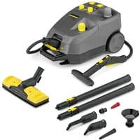 Gray and yellow Karcher SG 4/4 steam cleaner with hose, nozzles, and attachments.