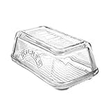 Kilner glass butter dish, clear rectangular design, embossed logo, durable BPA-free glass, 250g capacity.