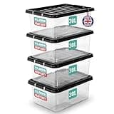 Clear plastic underbed storage boxes, 30L, with black lids, stackable and nestable, set of four by Klass Home Collection.