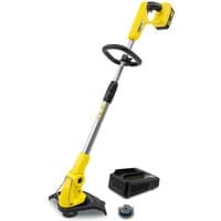 Yellow Karcher cordless grass trimmer with black handle, adjustable shaft, and battery set included.
