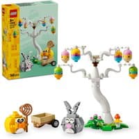 LEGO Easter Bunny and Chick Egg Hunt set with tree, colorful eggs, bunny, chick, and small cart.