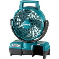 Makita CF001GZ 40VMAX swing fan with teal body, black protective grille, and sturdy base, featuring control buttons.