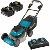 Makita LXT 18V lawnmower with steel deck, 53cm cutting width, two 6.0Ah batteries, and twin port charger.