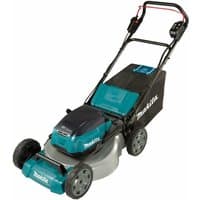 Makita DLM530PT4 lawnmower with teal steel deck, black handle, large wheels, and includes 4 batteries and charger.
