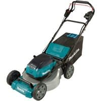 Makita self-propelled lawnmower, teal and black, steel deck, 53cm blade, includes 4 batteries and twin port charger.