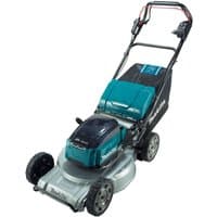 Makita self-propelled lawnmower with teal accents, aluminum deck, large wheels, and twin battery slots.