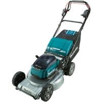 Makita DLM533PT4 self-propelled lawnmower, teal and black, 53cm deck, dual 18V batteries, with twin port charger.