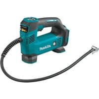 Blue Makita cordless inflator pump with digital display, black handle, and flexible hose attachment.