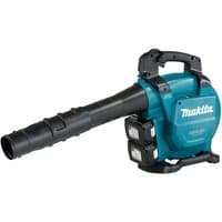Makita DUB363PG2V blower vac, teal body, black nozzle, dual 18V batteries, ergonomic handle, brushless motor.