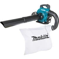 Makita blue and black cordless blower/vac with long nozzle, white collection bag, and two 5Ah batteries.