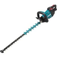 Makita 18V brushless hedge trimmer, teal and black, 75cm blade, ergonomic handle, includes 5Ah battery and charger.