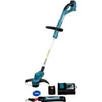 Makita DUR193RT 18V LXT line trimmer, teal and black, with adjustable handle, battery, charger, and accessories.