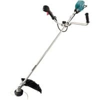Makita brush cutter with silver shaft, teal motor housing, black dual handles, and protective guard over cutting head.