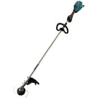 Makita 40VMAX XGT linetrimmer with teal motor, silver shaft, black handle, and circular cutting head.