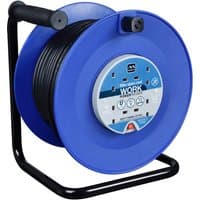 Blue Masterplug 50m 13A cable reel with four sockets, black handle, and sturdy metal frame.