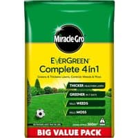 Miracle-Gro Evergreen Complete 4 in 1 Lawn Food, green and yellow bag, 12.6kg, with lawn imagery and product benefits.