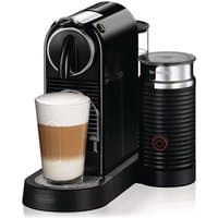 Black Nespresso Citiz coffee machine with Aeroccino milk frother, sleek design, and a cup of frothed coffee.