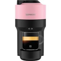 Candy pink Nespresso Vertuo Pop coffee machine by De'Longhi with black base and clear cup holder.