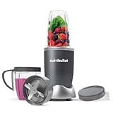 Nutribullet Blender 600 Series, gray base, tall cup with fruit, short cup, handled ring, sealable lid, extractor blade.