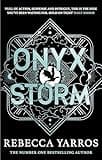 "Onyx Storm book by Rebecca Yarros, black cover with silver geometric design and bold turquoise title text"