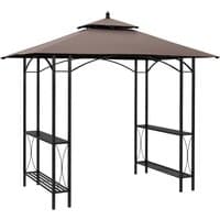 Coffee-colored BBQ tent canopy with peaked roof, black metal frame, and side shelves for outdoor use.