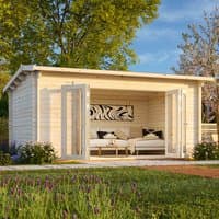 Palmako Ines log cabin garden office, natural wood finish, double glass doors, open interior, surrounded by greenery.
