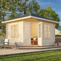 Corner log cabin summerhouse with natural wood finish, large windows, and a pitched roof, set in a garden.