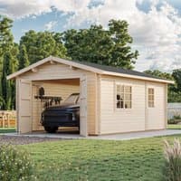 Wooden log cabin garage with double doors, pitched roof, and side window, surrounded by grass and trees.