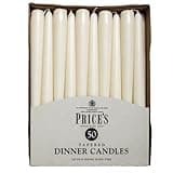 Price's ivory tapered dinner candles, pack of 50, unscented, elegant design, 7-hour burn time, ideal for decor and dining.