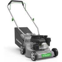 Q Garden 40cm petrol rotary mower with green accents, black grass box, and silver push handle.