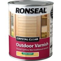 Ronseal Crystal Clear Outdoor Varnish can with wood panel image, red label, and "Clear Matt" text.