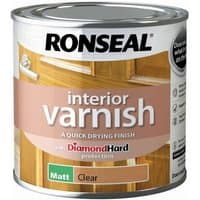 Ronseal Interior Varnish can with matt finish label, featuring wood texture and Diamond Hard protection branding.