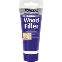 Purple tube of Ronseal Multi-Purpose Wood Filler with white cap and text, showing wood repair illustration.