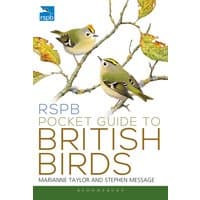 "RSPB Pocket Guide To British Birds book with two birds on branches, white background, Bloomsbury logo at top left"