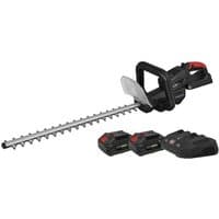Sealey CP40VHTKIT hedge trimmer with black handle, 52cm blade, and two 20V 4Ah batteries with charger.