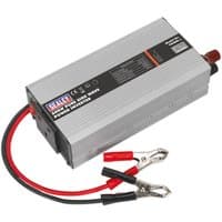 Sealey PSI600 12V DC 600W power inverter, silver with black label, red and black cables, and alligator clips.