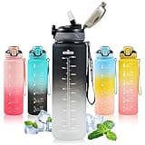 SEASEVEN 1L water bottle with straw, gradient colors, time markings, leak-proof lid, BPA-free plastic, and carrying strap.