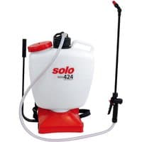 White Solo 16L backpack sprayer with red base, black straps, and long black wand with red nozzle.