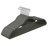 Set of 20 grey velvet hangers with 360° swivel hook and tie bar, 0.6 cm thick, 43.5 cm long, non-slip design.