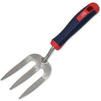 Stainless steel weed fork with three prongs, blue and red ergonomic handle by Spear & Jackson.