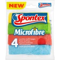 Spontex Microfibre Cloths 4 Pack, colorful cloths in yellow, green, red, and blue, packaged in clear plastic.
