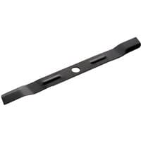 Black Stanley FatMax mower blade 53cm with central mounting hole and curved edges.
